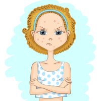 Girl with problem skin Girl with problem skin and with sad displeased face is keeping her arms crossed over her chest, on blue background. Skin care and beauty concept
